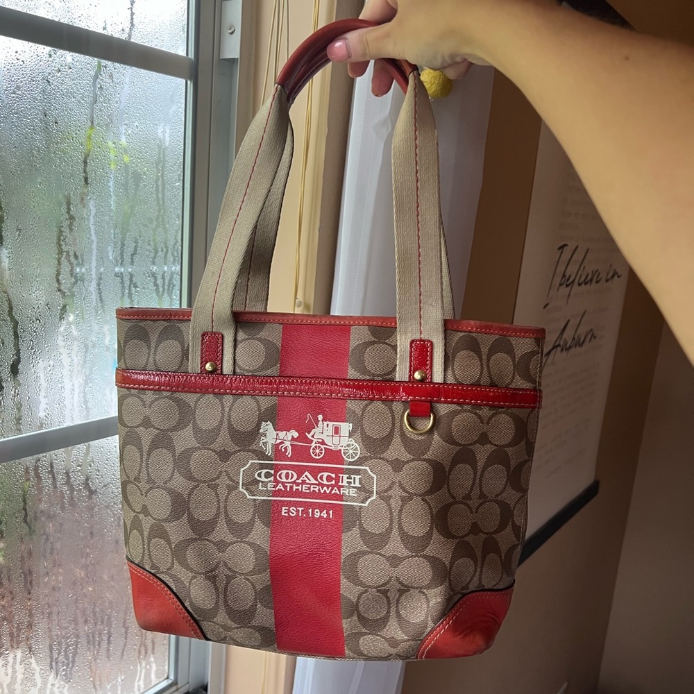 Coach Signature Monogram Orange and Tan Patent Leather Tote Shoulder Bag Y2K